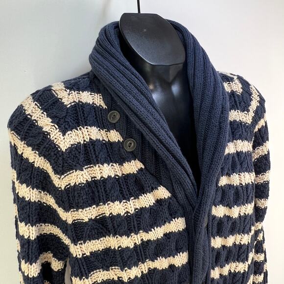 L.L.Bean Signature Stripe Shawl Collar Cardigan Navy Blue Cotton - Picture 2 of 9